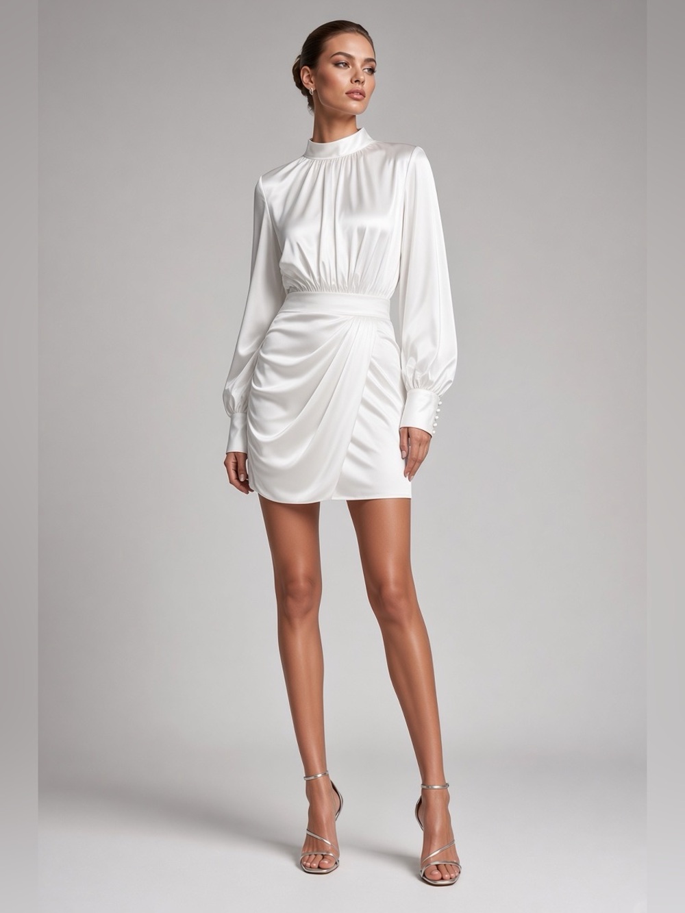 Glamaker Ivory Satin Ruched Mini Dress with Shoulder Pads – Size S